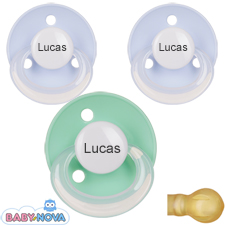 Pakke med 3 stk. Baby Nova sutter med navn (1 Gr�n og 2 Lysebl�) Runde Latex One-Size