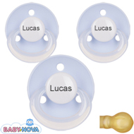 Pakke med 3 stk. Baby Nova sutter med navn (Lysebl�) Runde Latex One-Size
