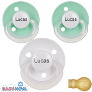 Pakke med 3 stk. Baby Nova sutter med navn (1 Hvid og 2 Mint Gr�nne) Runde Latex One-Size