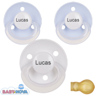 Pakke med 3 stk. Baby Nova sutter med navn (1 Hvid og 2 Lysebl�) Runde Latex One-Size