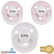 Pakke med 3 stk. Baby Nova sutter med navn (1 Hvid og 2 Lyser�de) Runde Latex One-Size
