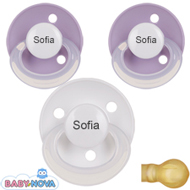 Pakke med 3 stk. Baby Nova sutter med navn (1 Hvid og 2 Lilla) Runde Latex One-Size