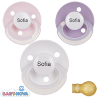 Pakke med 3 stk. Baby Nova sutter med navn (Lyser�d, Lilla og Hvid) Runde Latex One-Size