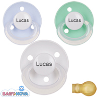Pakke med 3 stk. Baby Nova sutter med navn (Lysebl�, Mint Gr�n og Hvid) Runde Latex One-Size