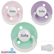 Pakke med 3 stk. Baby Nova sutter med navn (Lyser�d, Lilla og Mint Gr�n) Runde Silikone One-Size