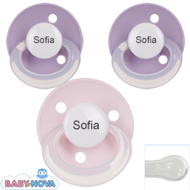 Pakke med 3 stk. Baby Nova sutter med navn (1 Lyser�d og 2 Lilla) Runde Silikone One-Size