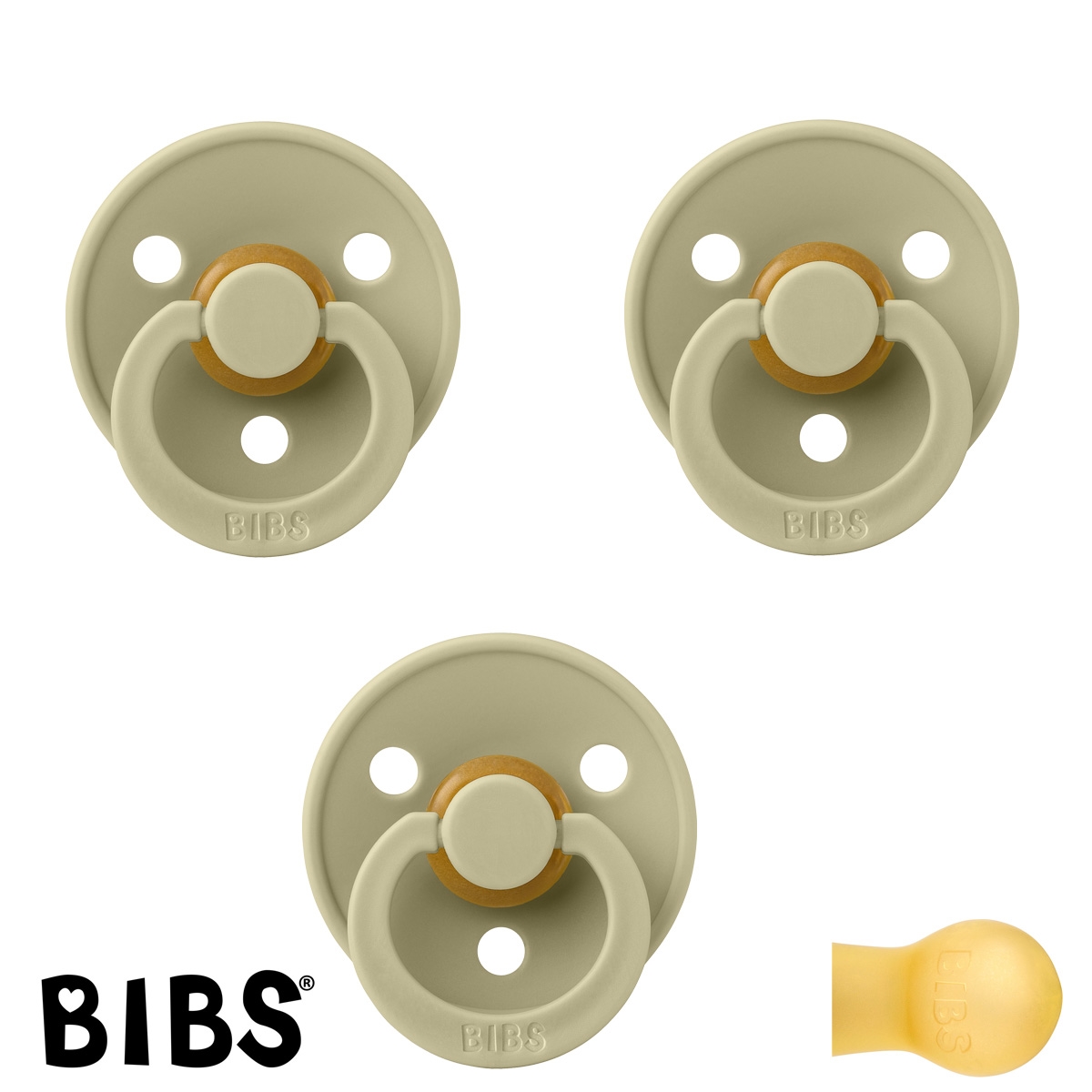 BIBS Colour Sutter med navn str2, 3 Khaki, Runde latex, Pakke med 3 sutter