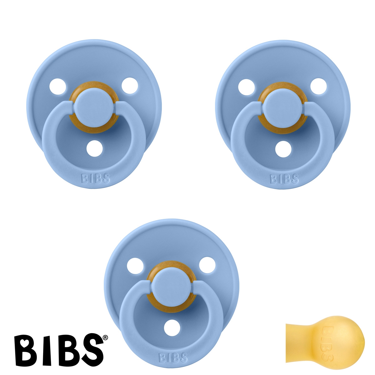 BIBS Colour Sutter med navn str2, 3 Sky Blue, Runde latex, Pakke med 3 sutter