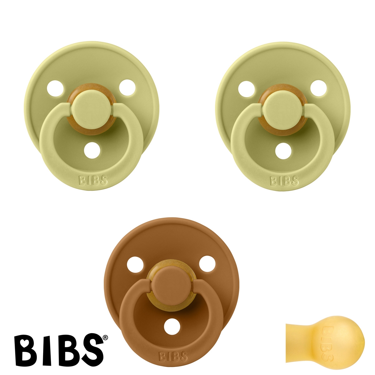 BIBS Colour Sutter med navn str2, 2 Meadow, 1 Caramel, Runde latex, Pakke med 3 sutter