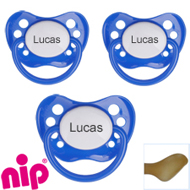 Pakke med 3 stk. Nip sutter med navn (Bl�) Anatomiske Latex 0-6 md.
