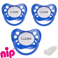Pakke med 3 stk. Nip sutter med navn (Bl�) Anatomiske Silikone 0-6 md.
