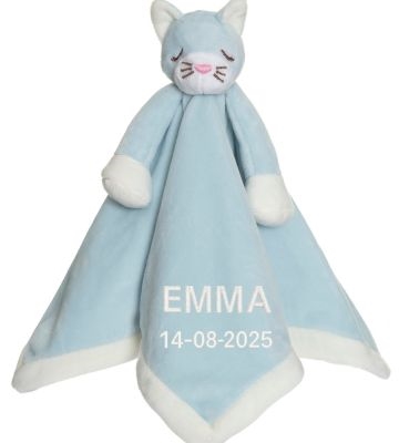 Nusseklud med navn Kat, Diinglisar, Teddykompaniet, Lyseblå, 2 linjer