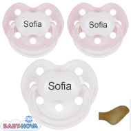 Baby Nova sutter-med-navn (2 Lyserøde  + 1 Hvid) Anatomisk Latex Str. 0-6 md. Pakke med 3 stk. sutter