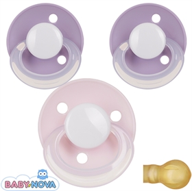 Baby Nova sutter med navn (1 Lyserød og 2 Lilla) Runde Latex One-Size Gl. Pakke med 3 stk. sutter