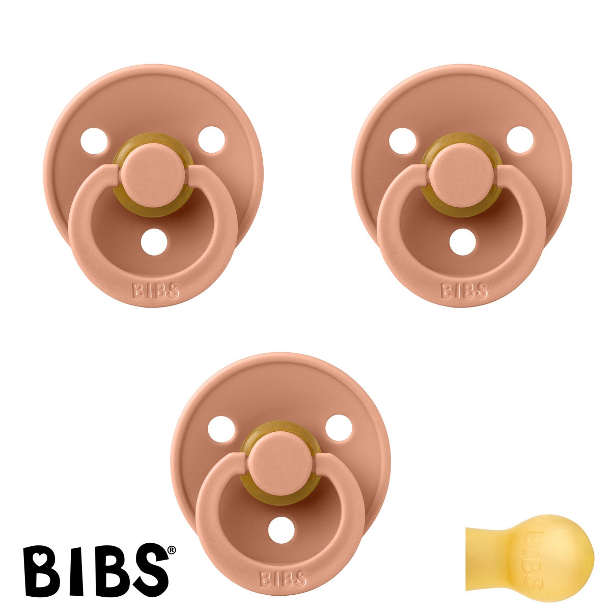 BIBS Colour Sutter med navn str2, 3 Peach, Runde latex, Pakke med 3 sutter