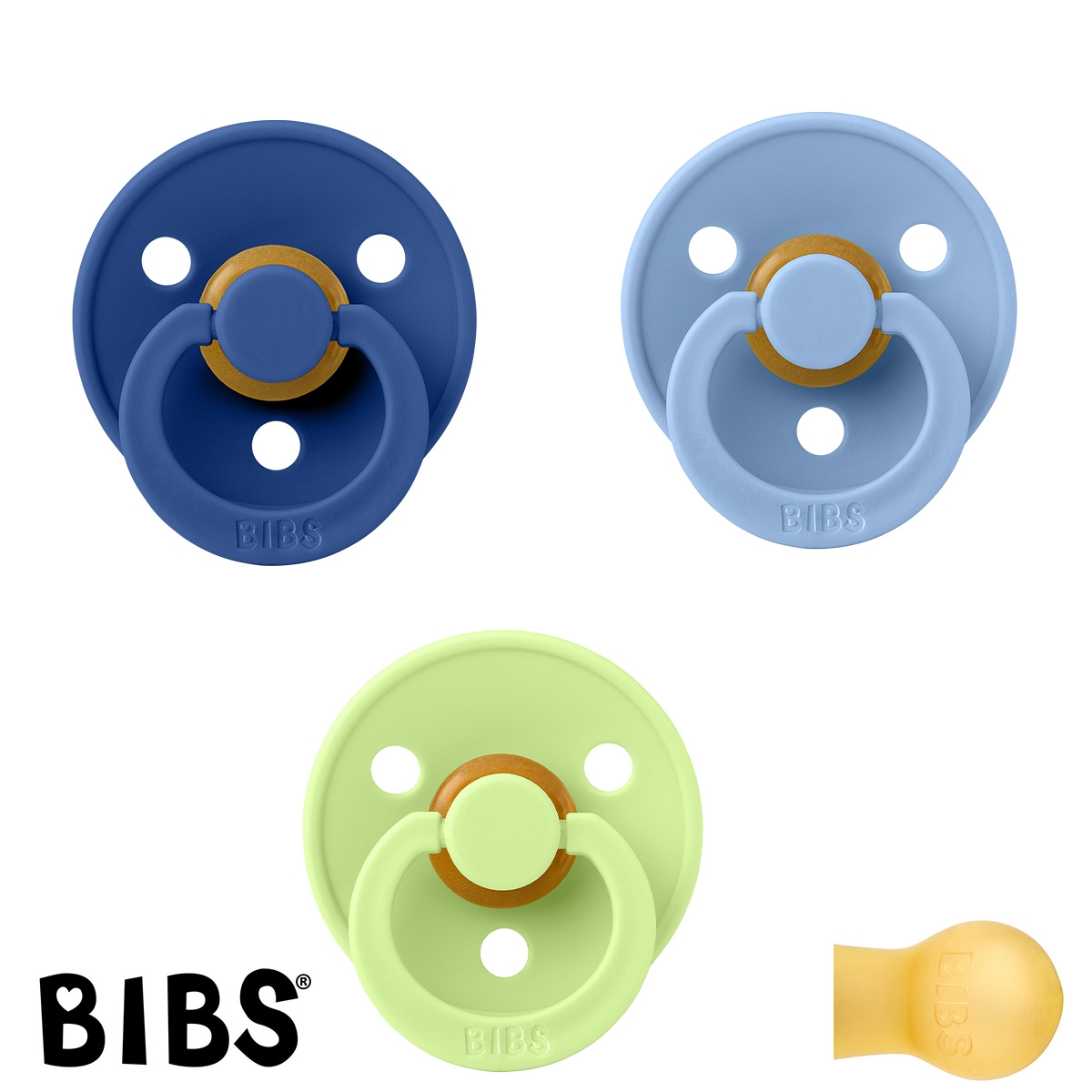 BIBS Colour, Sutter med navn (Str 1/ 0-6 mdr) - 3 pak, Cornflower, Sky Blue & Matcha (Rund Latex)