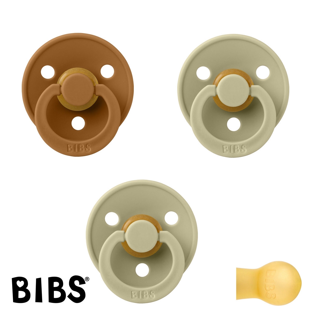 BIBS Colour Sutter med navn str2, 2 Khaki, 1 Caramel, Runde latex, Pakke med 3 sutter