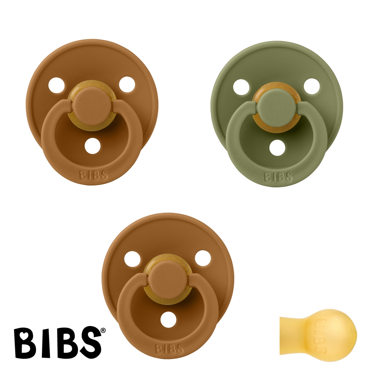 BIBS Colour Sutter med navn str2, 2 Caramel, 1 Olive, Runde latex, Pakke med 3 sutter