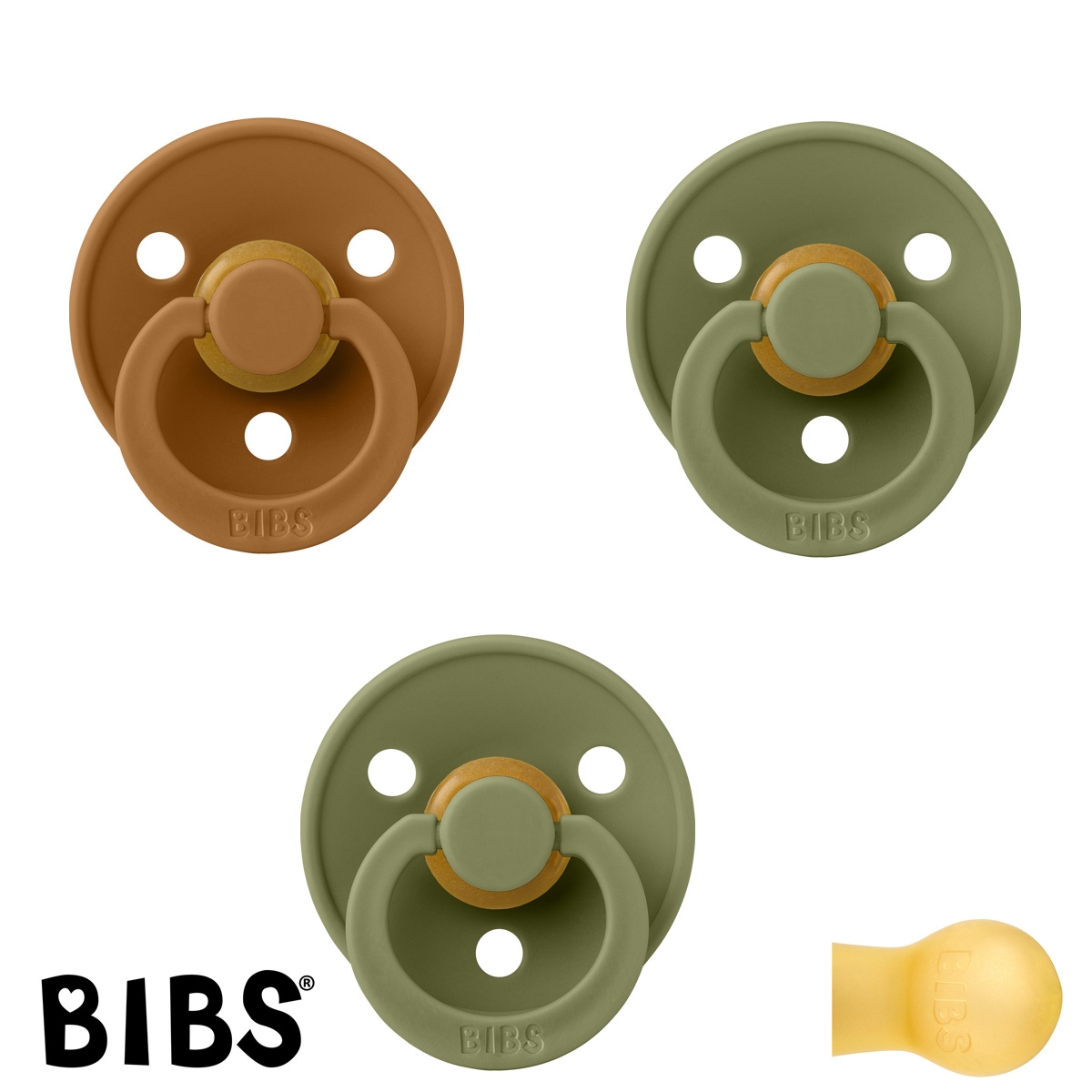 BIBS Colour Sutter med navn str2, 2 Olive, 1 Caramel, Runde latex, Pakke med 3 sutter