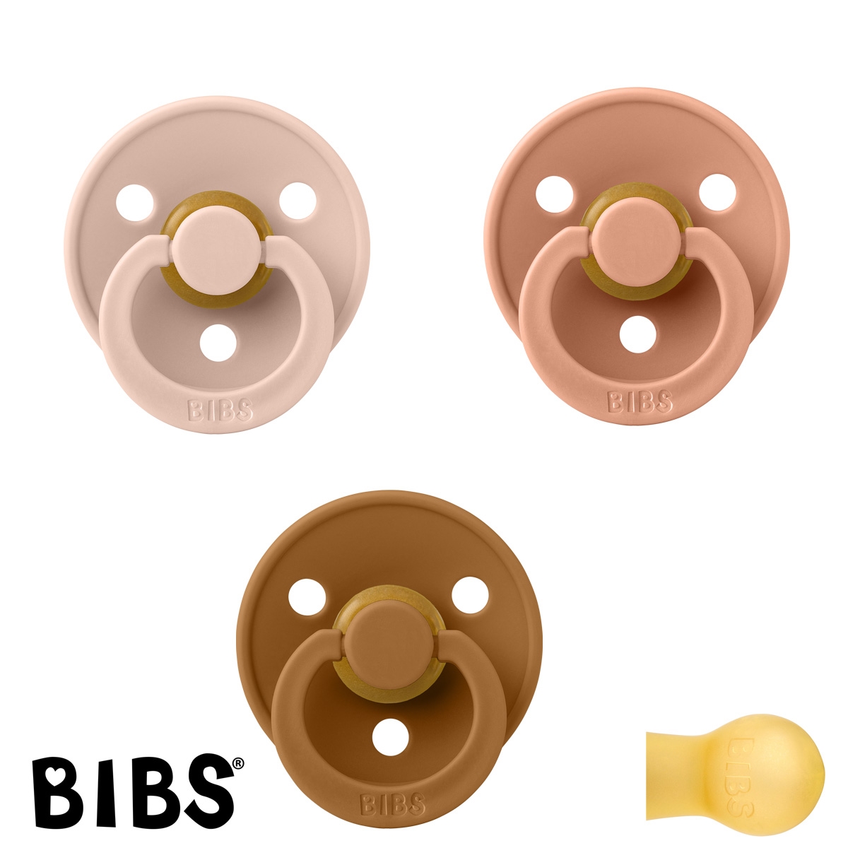 BIBS Colour Sutter med navn str2, 1 Caramel, 1 Peach, 1 Blush, Runde latex, Pakke med 3 sutter