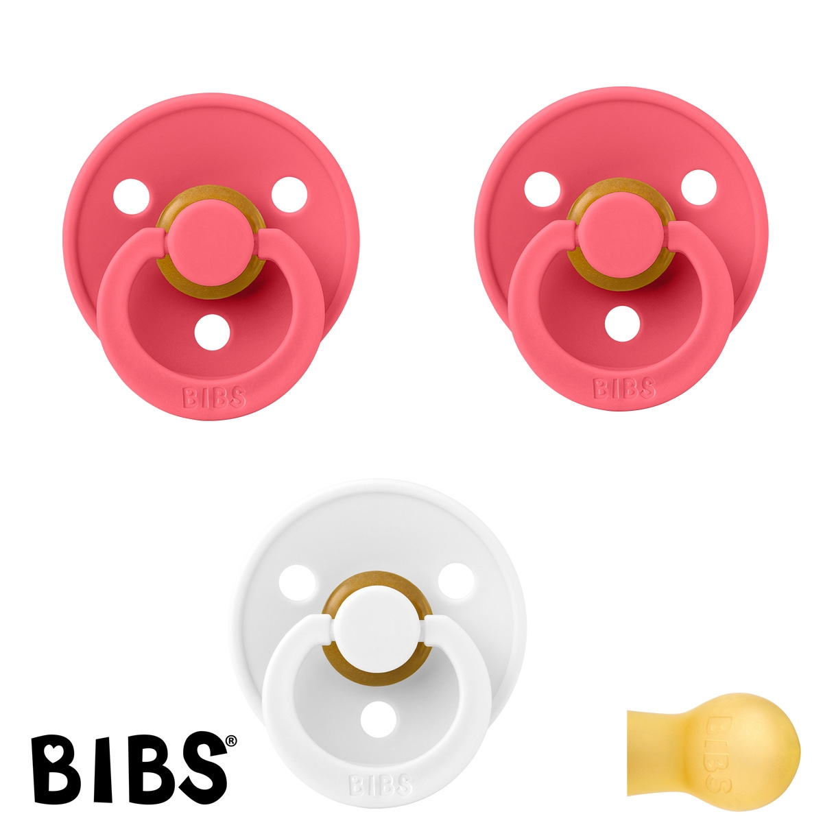 BIBS Colour Sutter med navn str2, 2 Coral, 1 White, Runde latex, Pakke med 3 sutter