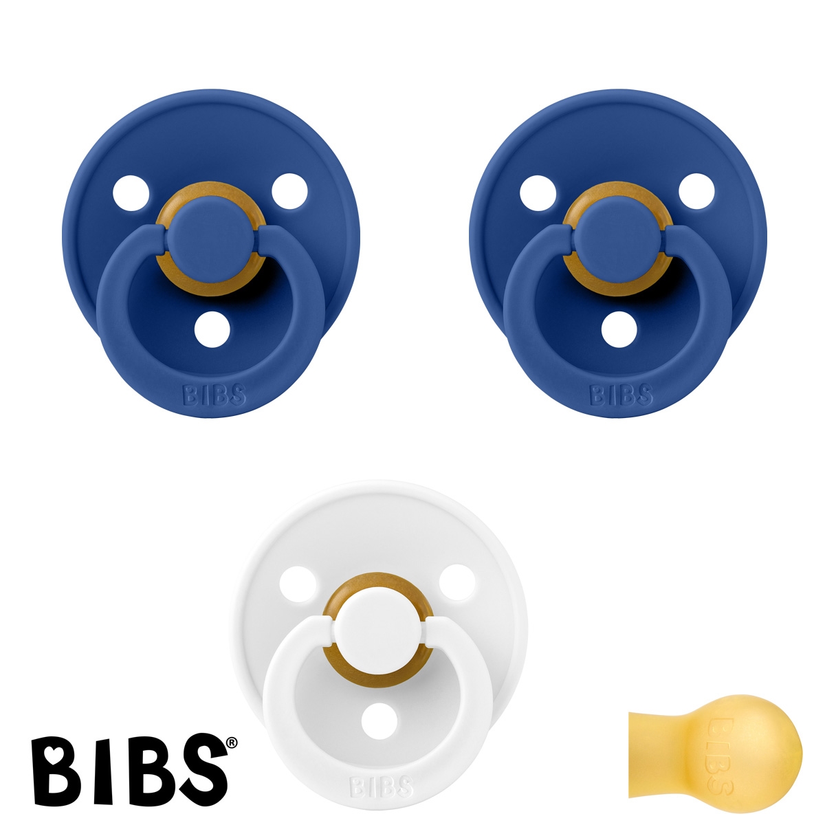 BIBS Colour Sutter med navn str2, 2 Cornflower, 1 White, Runde latex, Pakke med 3 sutter