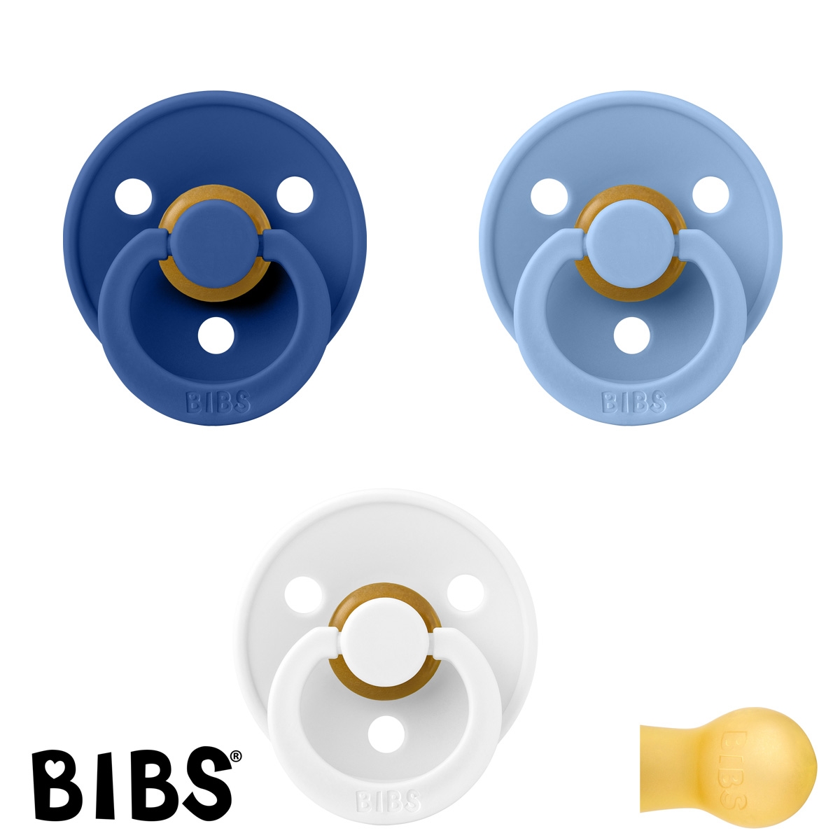 BIBS Colour Sutter med navn str2, 1 Cornflower, 1 White, 1 SkyBlue Runde latex, Pakke med 3 sutter