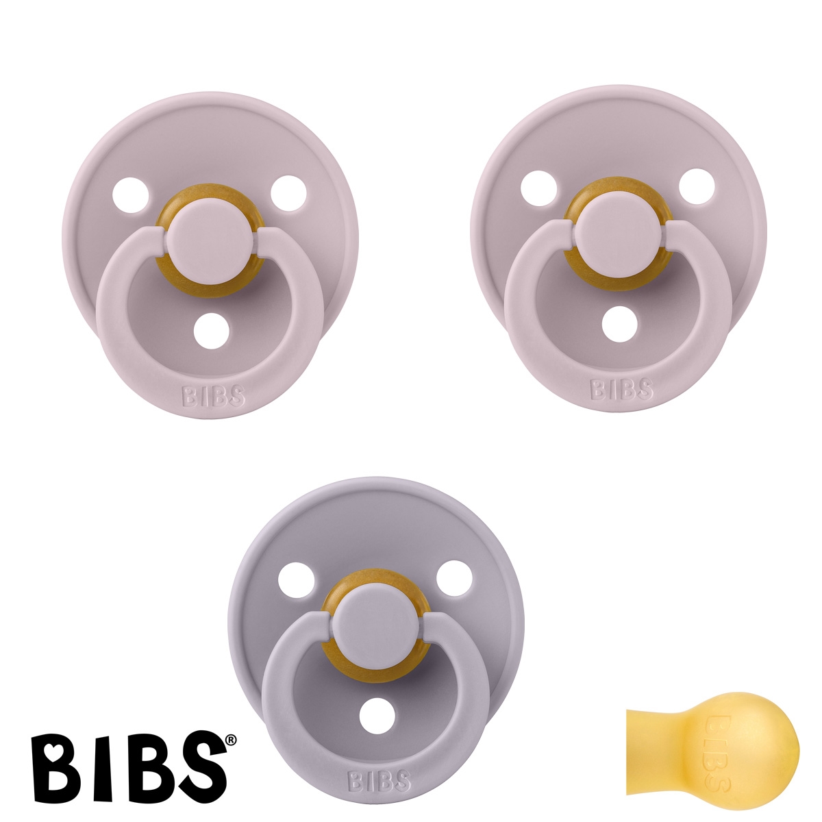 BIBS Colour Sutter med navn str2, 2 Dusky Lilac, 1Fossil Grey, Runde latex, Pakke med 3 sutter