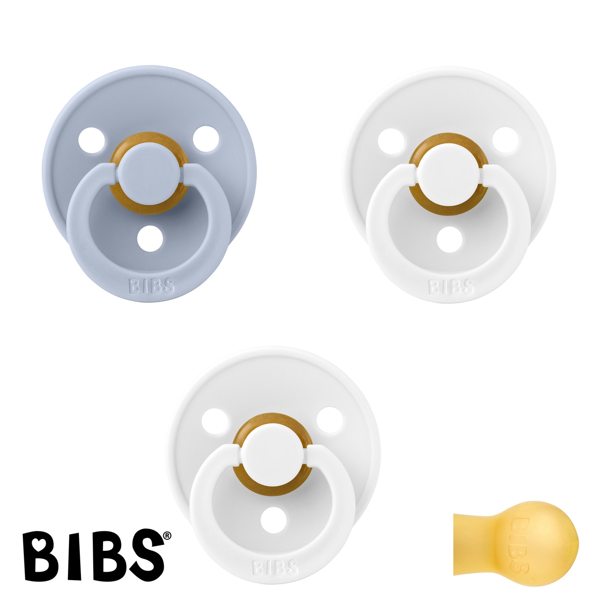 BIBS Colour Sutter med navn str2, 2 White, 1 Dusty Blue, Runde latex, Pakke med 3 sutter