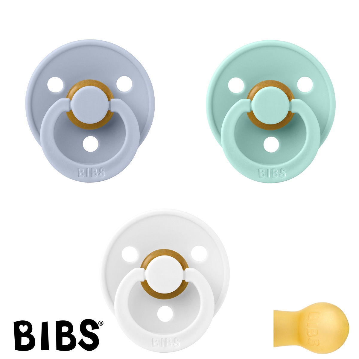 BIBS Colour Sutter med navn str2, 1 Dusty Blue, 1 White, 1 Mint, Runde latex, Pakke med 3 sutter