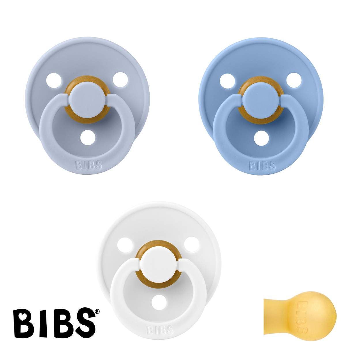 BIBS Colour Sutter med navn str2, 1 Dusty Blue, 1 Sky Blue, 1 White, Runde latex, Pakke med 3 sutter