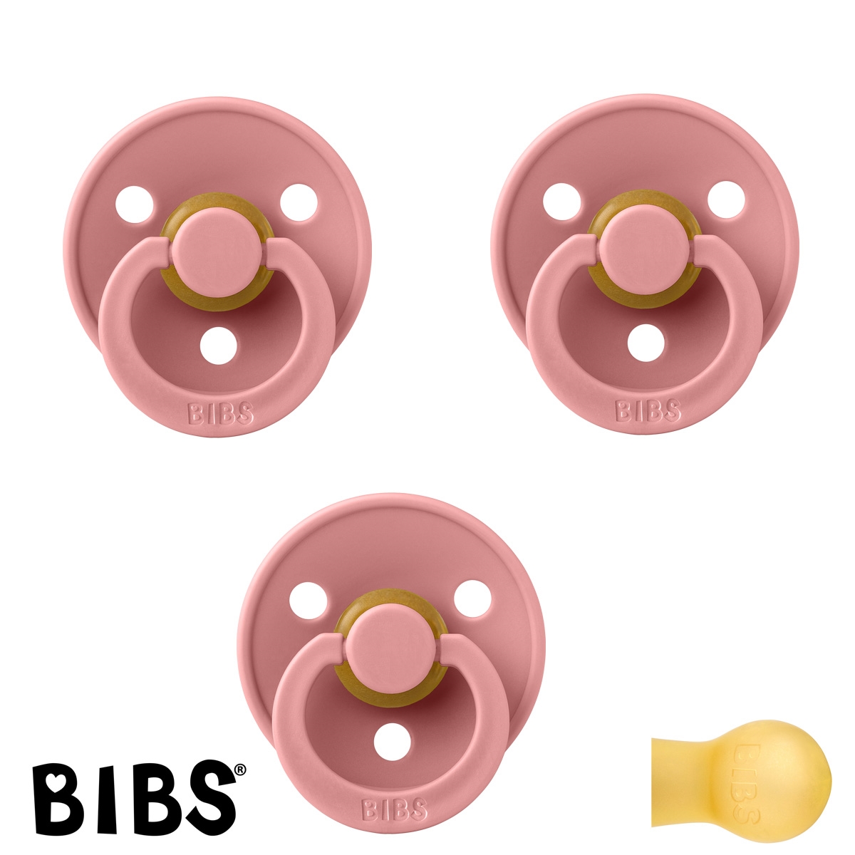 BIBS Colour Sutter med navn str2, 3 Dusty Pink, Runde latex, Pakke med 3 sutter