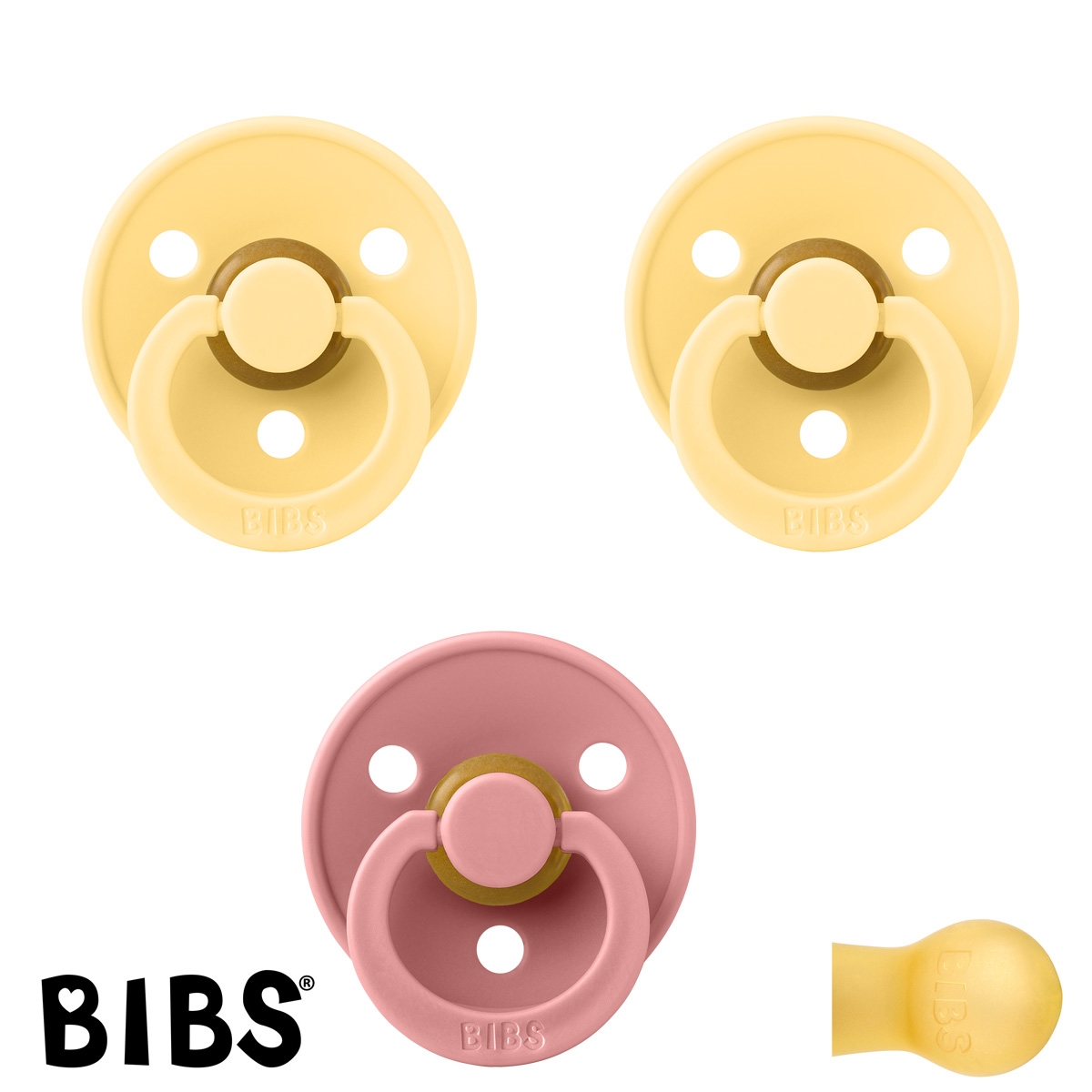 BIBS Colour Sutter med navn str2, Pale Butter, 1 Dusty Pink, Runde latex, Pakke med 3 sutter
