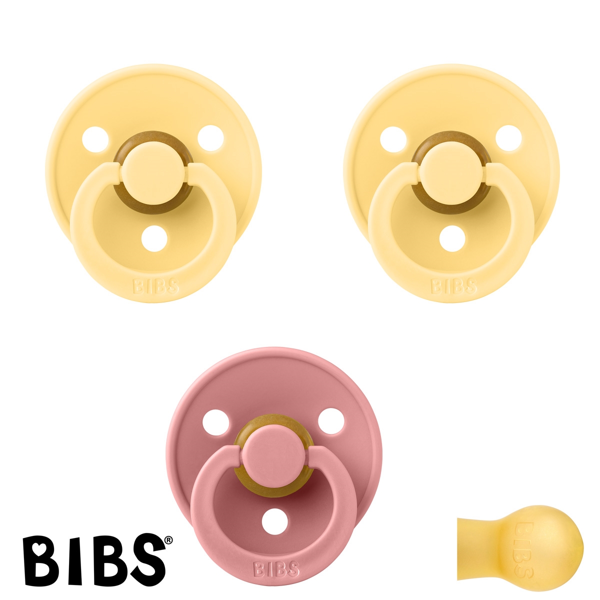 BIBS Colour Sutter med navn str2, 2 Pale Butter, 1 Dusty Pink, Runde latex, Pakke med 3 sutter