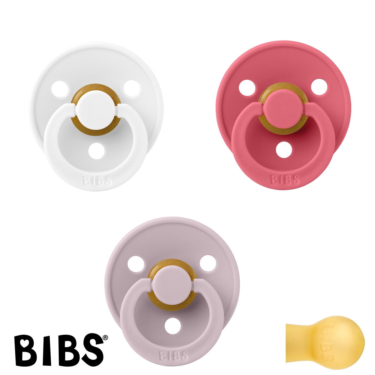 BIBS Colour Sutter med navn str2, 1 White, 1 Coral, 1 Dusky Lilac, Runde latex, Pakke med 3 sutter
