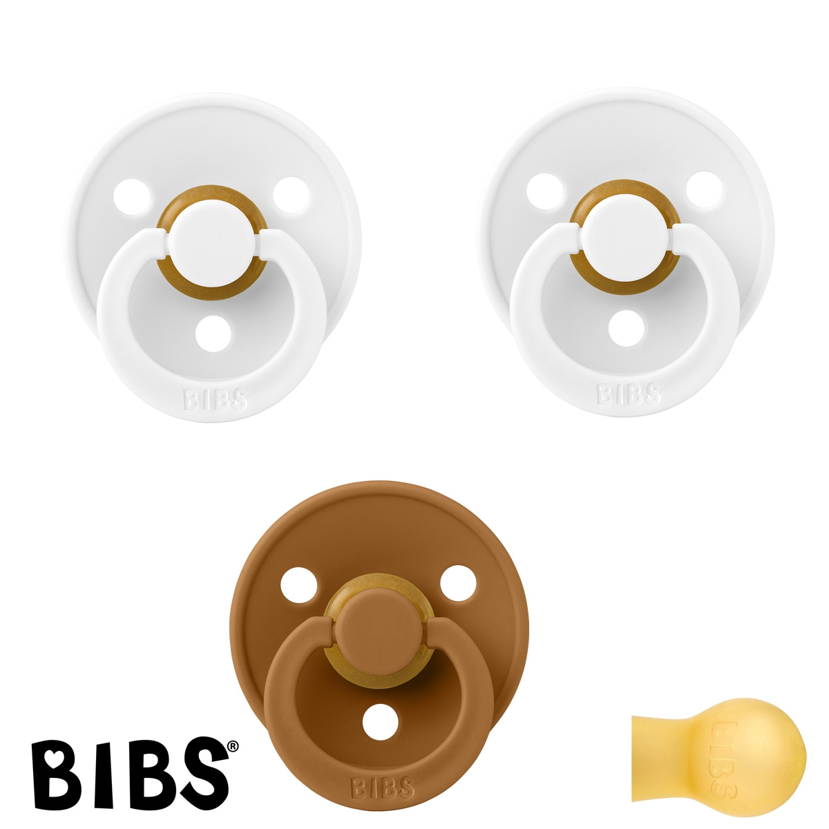 BIBS Colour Sutter med navn str2, 2 White, 1 Caramel, Runde latex, Pakke med 3 sutter