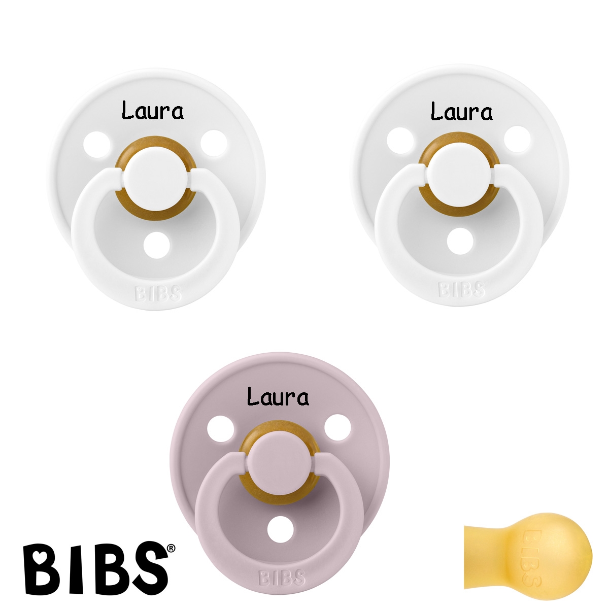 BIBS Colour Sutter med navn str2 , 2 White, 1 Dusky Lilac, Runde latex, Pakke med 3 sutter