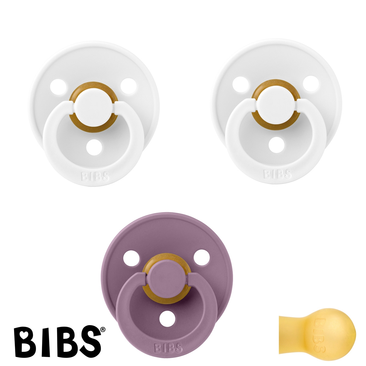 BIBS Colour Sutter med navn str2, 2 White, 1 Mauve, Runde latex, Pakke med 3 sutter