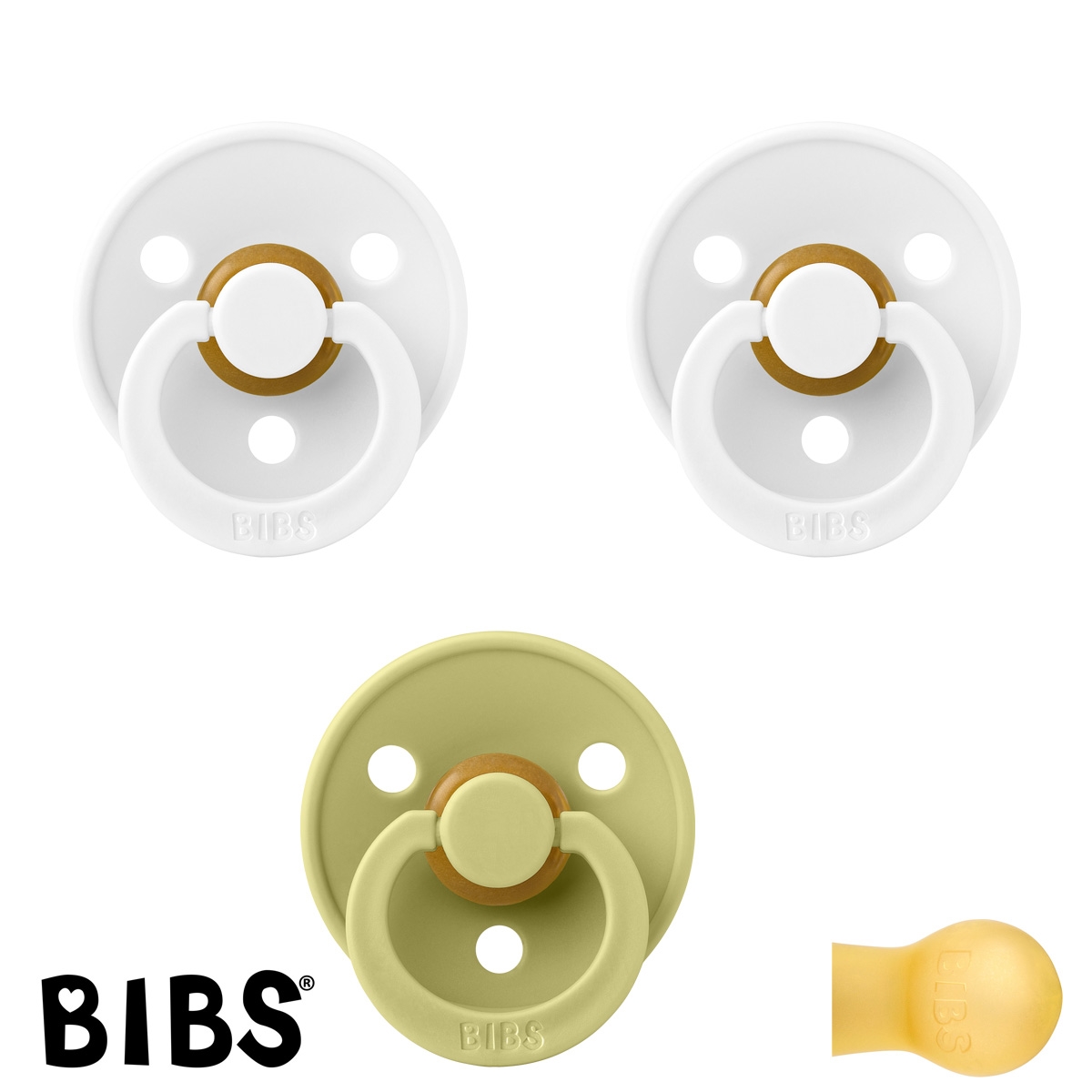 BIBS Colour Sutter med navn str2, 2 White, 1 Meadow, Runde latex, Pakke med 3 sutter