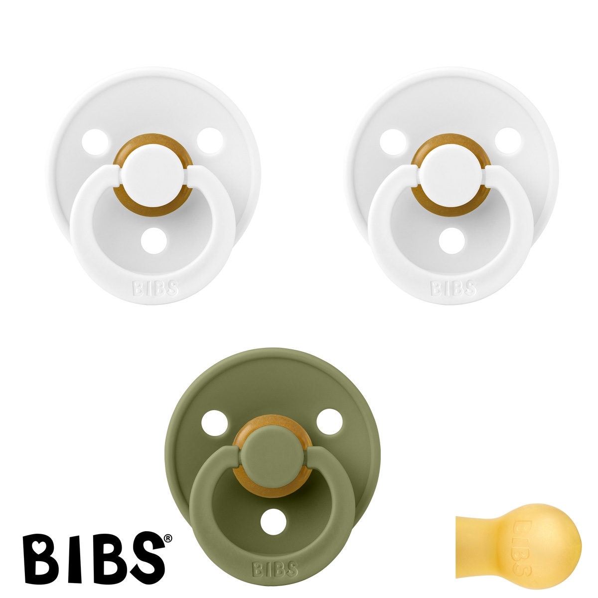 BIBS Colour Sutter med navn str2, 2 White, 1 Olive, Runde latex, Pakke med 3 sutter