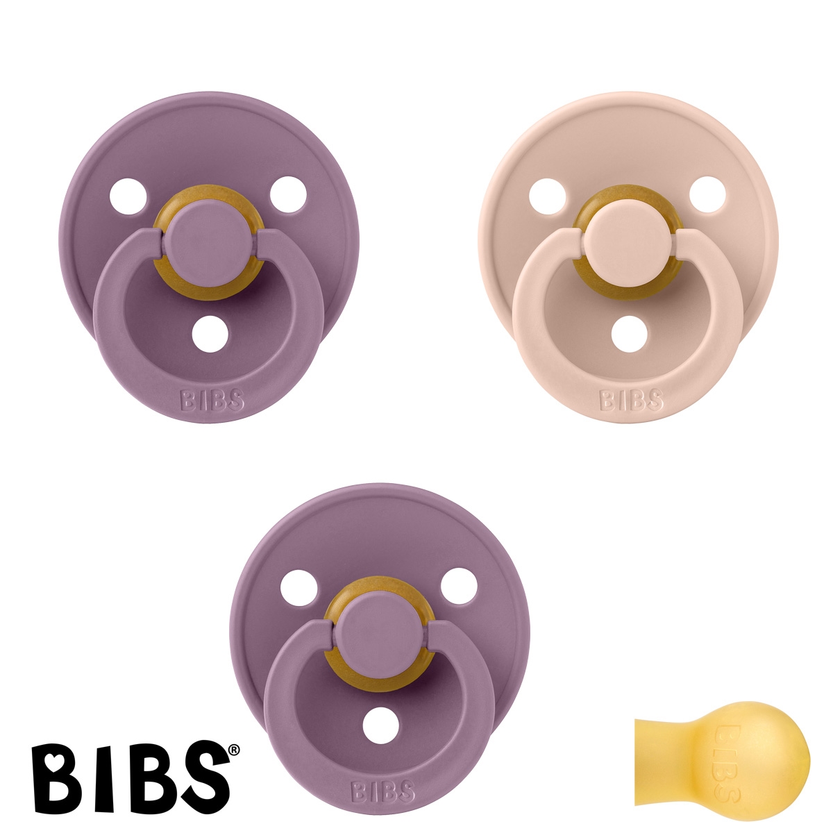 BIBS Colour Sutter med navn str2, 2 Mauve, 1 Blush, Runde latex, Pakke med 3 sutter