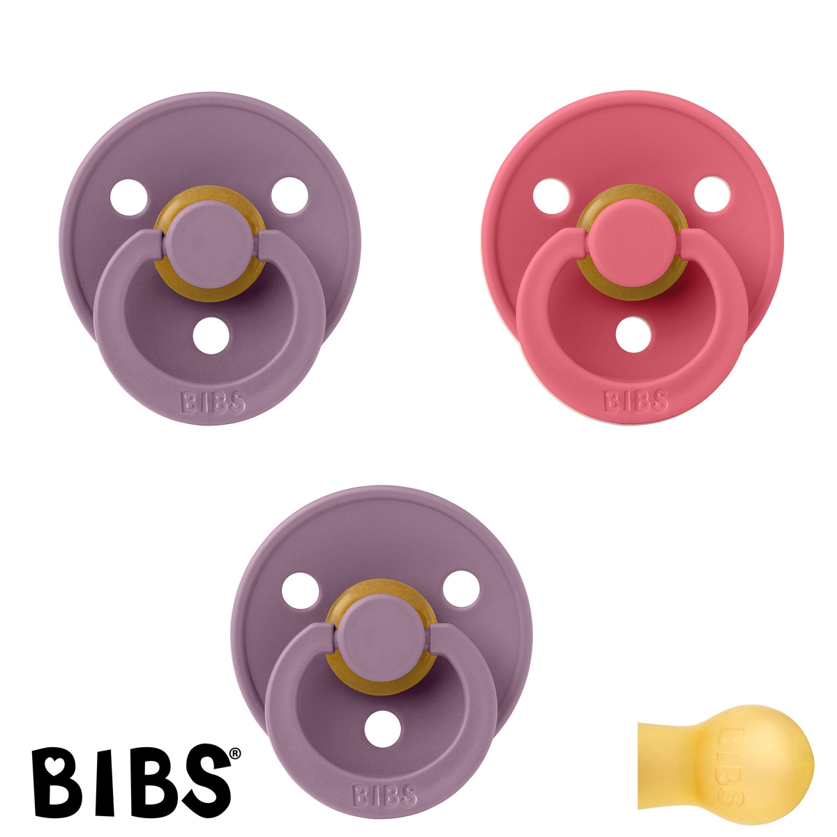 BIBS Colour Sutter med navn str2, 2 Mauve, 1 Coral, Runde latex, Pakke med 3 sutter
