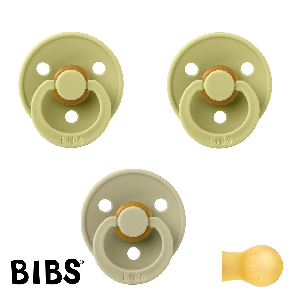BIBS Colour Sutter med navn str2, 2 Meadow, 1 Khaki, Runde latex, Pakke med 3 sutter