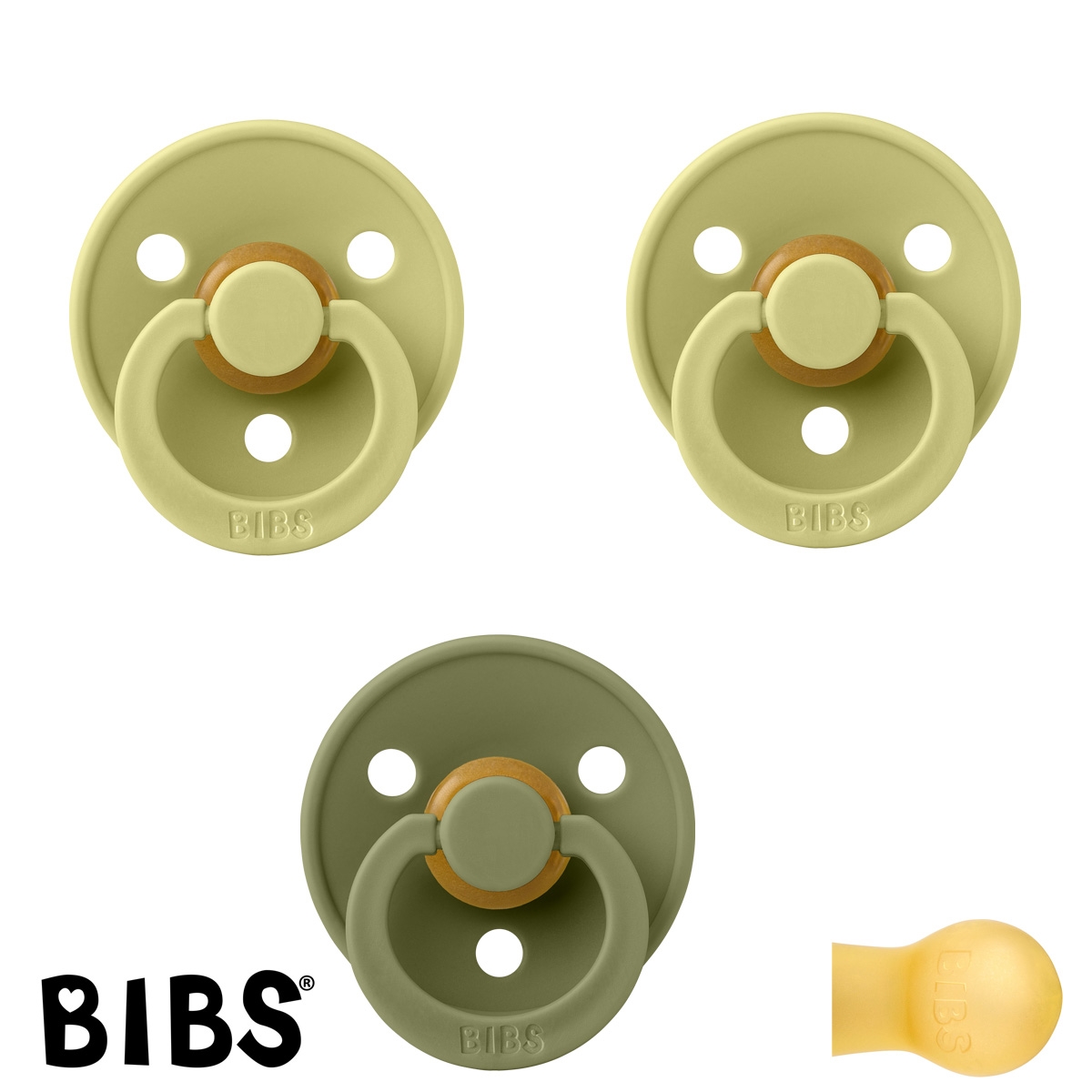 BIBS Colour Sutter med navn str2, 2 Meadow, 1 Olive, Runde latex, Pakke med 3 sutter