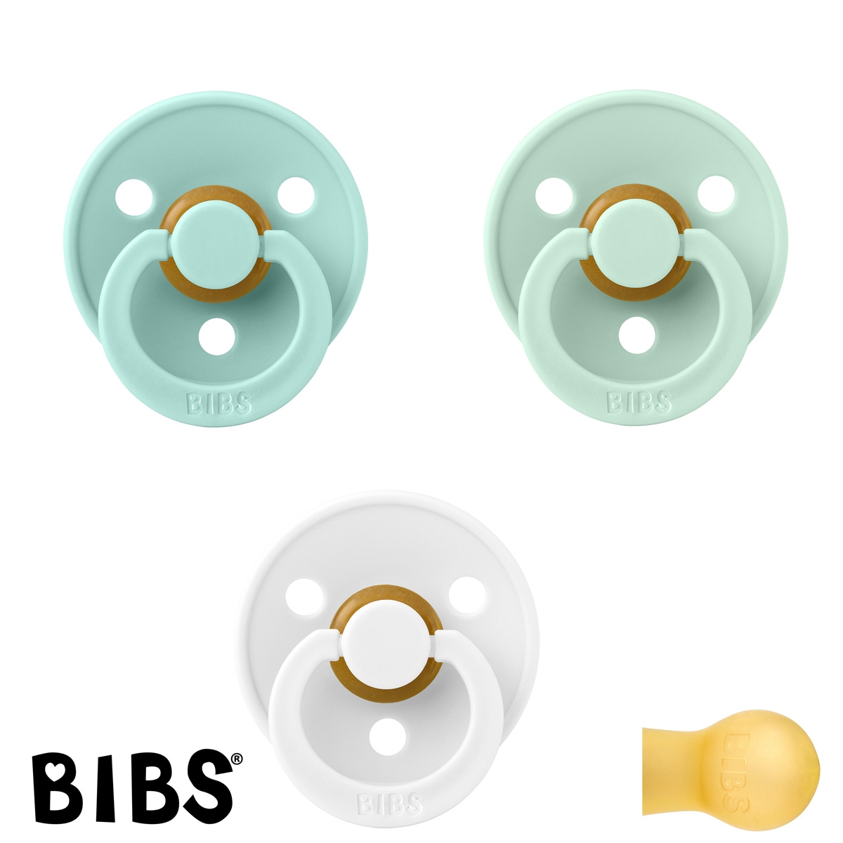 BIBS Colour Sutter med navn str2, 1 Mint, 1 Nordic Mint, 1 White, Runde latex, Pakke med 3 sutter