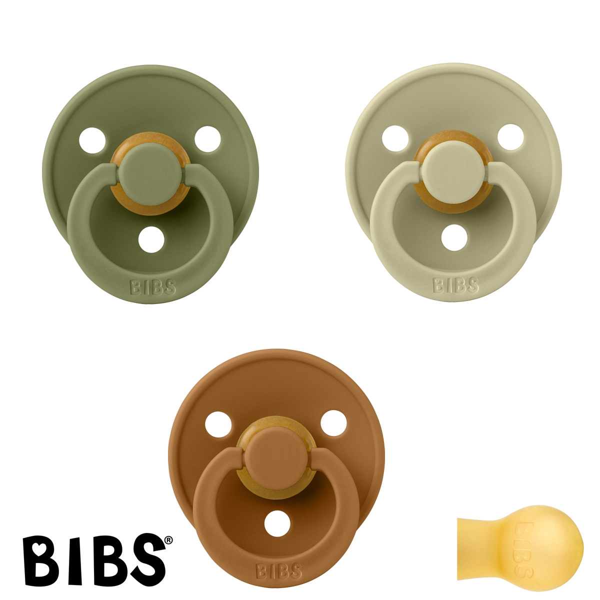 BIBS Colour Sutter med navn str2, 1 Olive, 1 Caramel, 1 Khaki, Runde latex, Pakke med 3 sutter