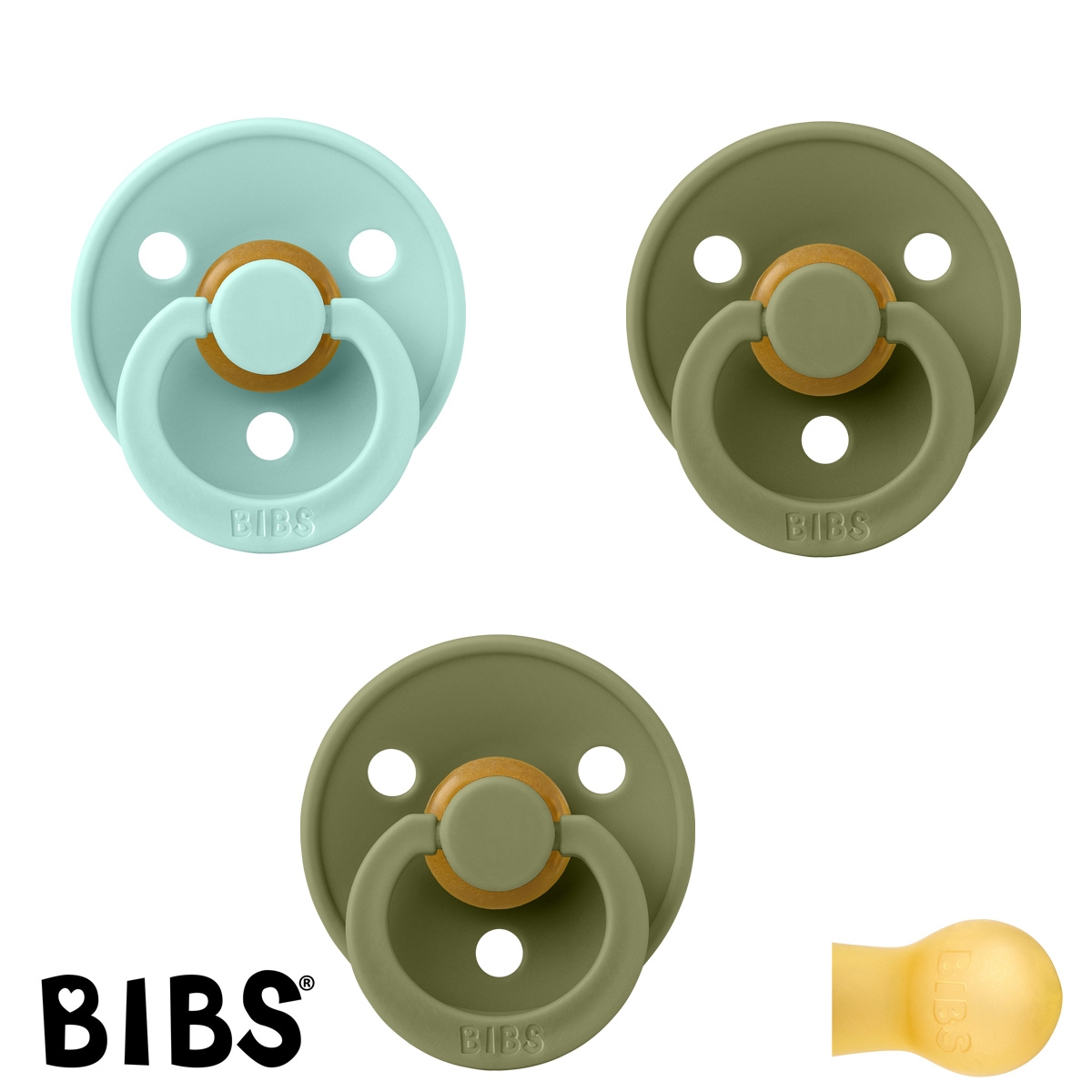 BIBS Colour Sutter med navn str2, 2 Olive, 1 Mint, Runde latex, Pakke med 3 sutter