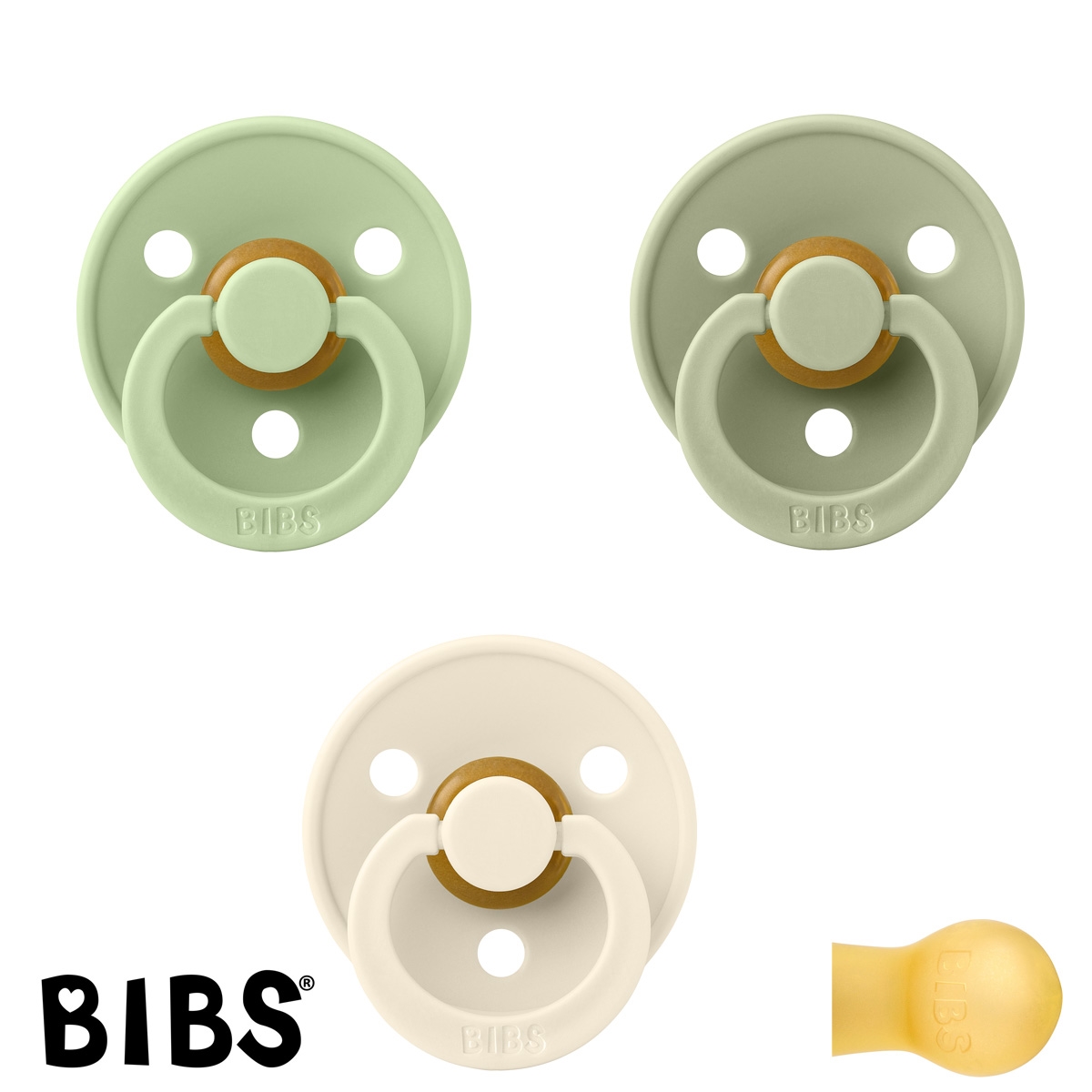 BIBS Colour Sutter med navn str2, 1 Ivory, 1 Pistachio, 1 Sage, Runde latex, Pakke med 3 sutter