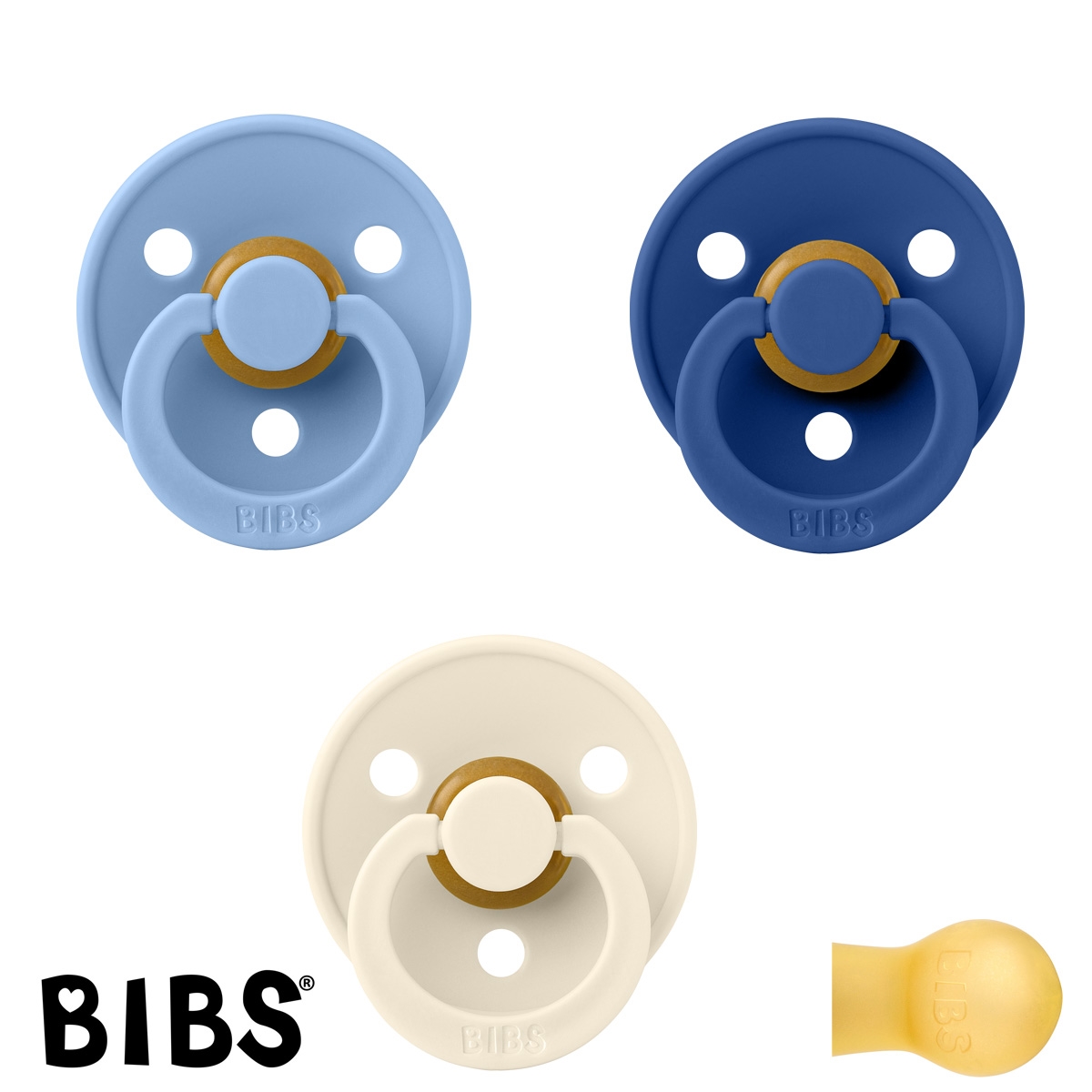 BIBS Colour Sutter med navn str2, 1 Ivory, 1 Cornflower, 1 Sky Blue, Runde latex, Pakke med 3 sutter