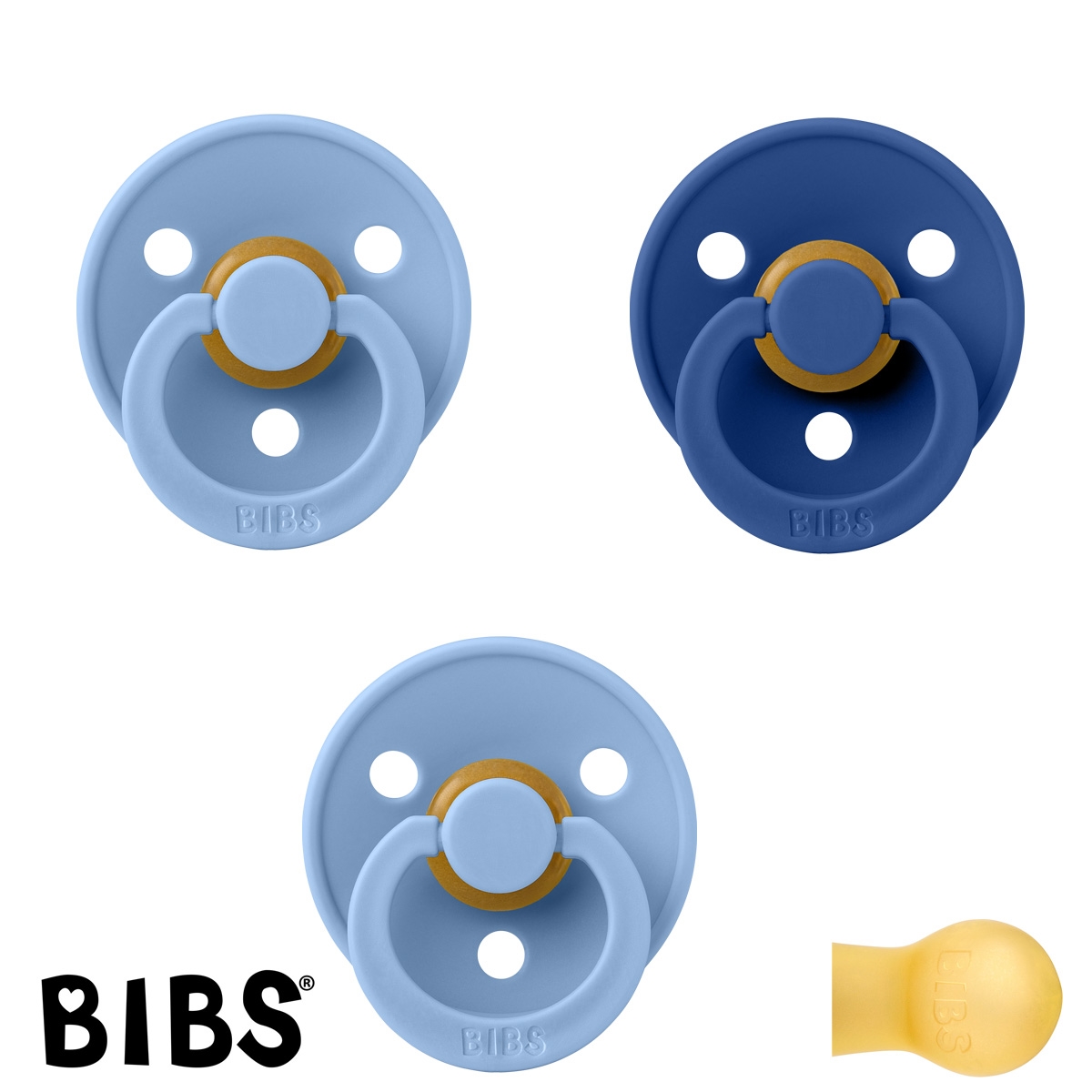 BIBS Colour Sutter med navn str2, 1 Cornflower, 2 Sky Blue, Runde latex, Pakke med 3 sutter